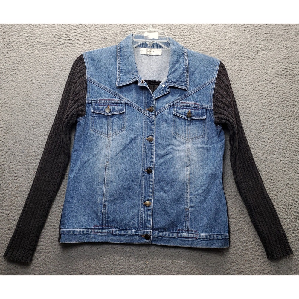 Kikit Shacket Women M Multi Denim Ribbed Sleeve Chest Pocket Collar Button Front